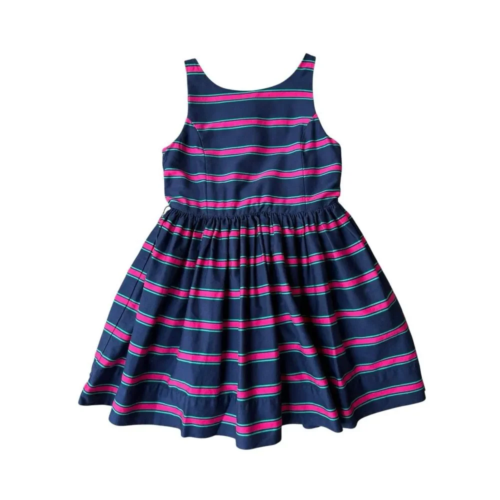 Ralph Lauren Navy Blue Striped Button Back Fit And Flare Dress Size 8 Girls